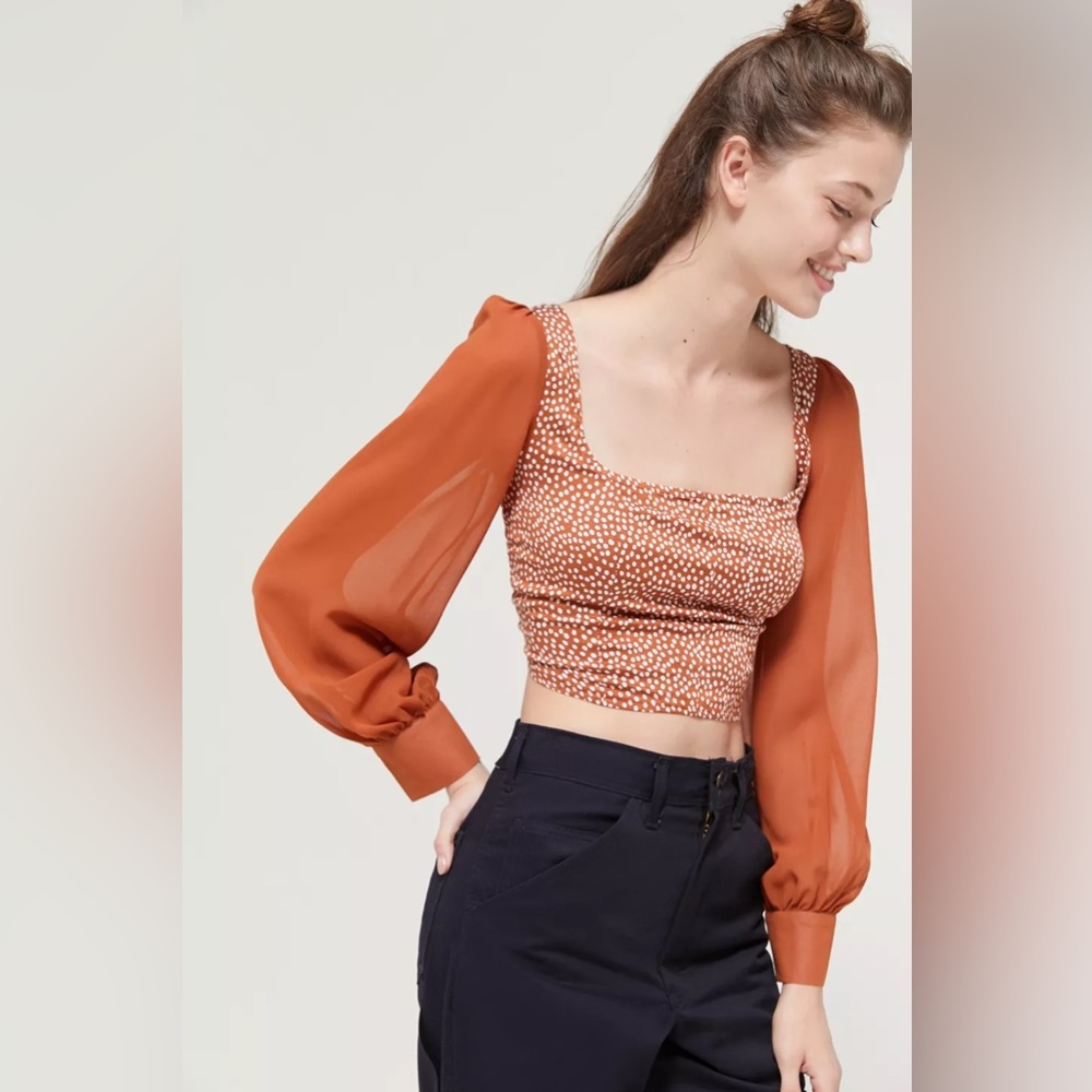 Urban Outfitters Lena Sheer Sleeve Square Neck
Cropped Blouse